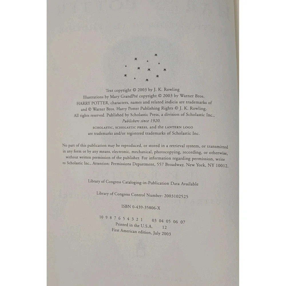 Harry Potter And the Order of the Phoenix 1st Edition 1st American Print 2003